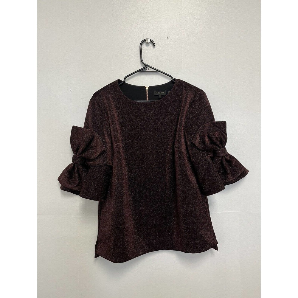 Ted Baker Sianeo Sparkle Bow Top In Brown Sparkle Lurex Bow Sleeve Top sz 4